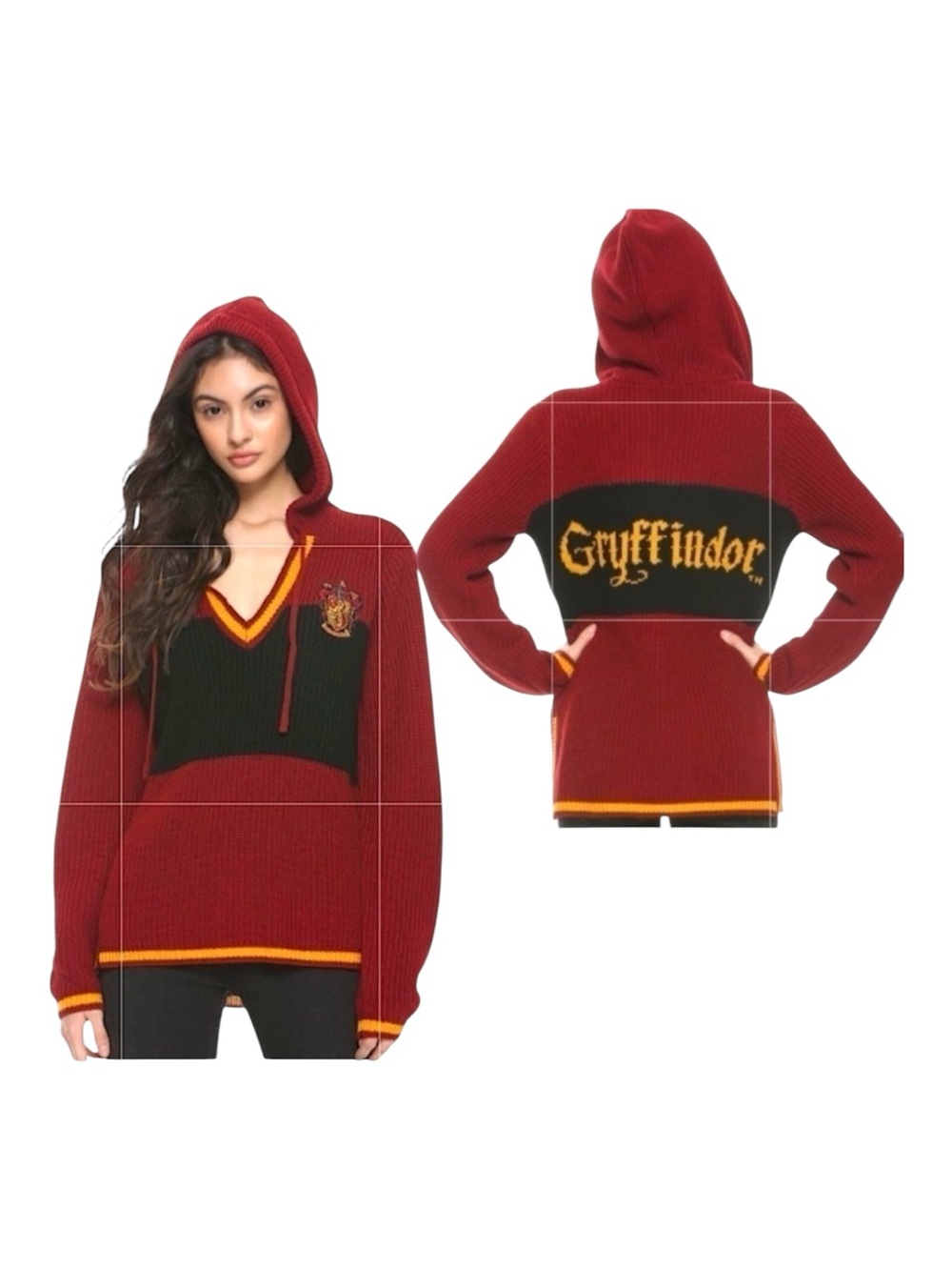 Harry Potter GRYFFYINDER Ribbed Knit Hooded Burgundy Wine/Yellow Sweater Mediu…